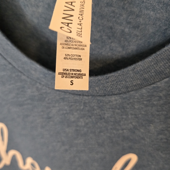 Bella Canvas Heather Blue Tee with White Script - Picture 2 of 2